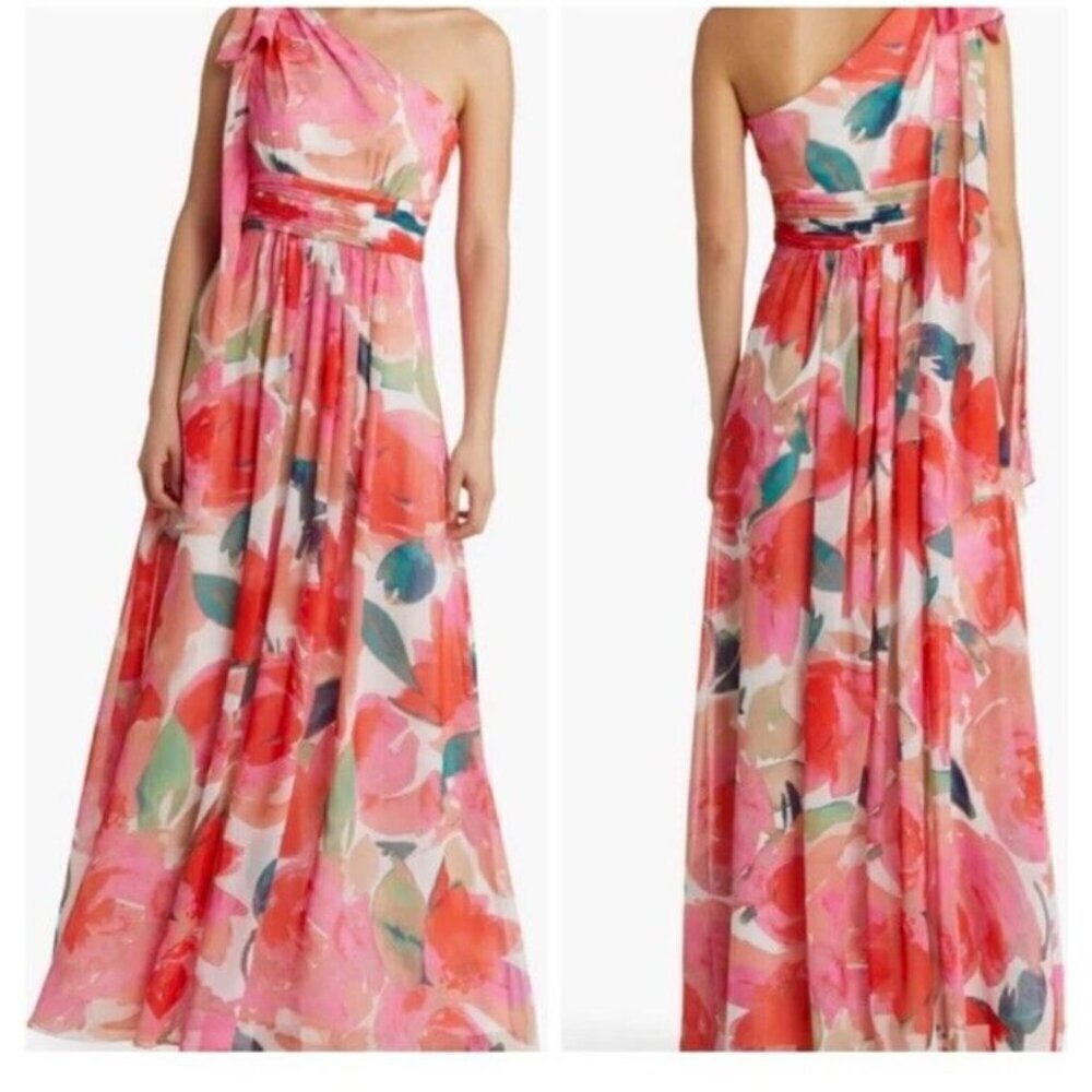 NEW Eliza J Floral One Shoulder Gown Dress Pink White Size 6